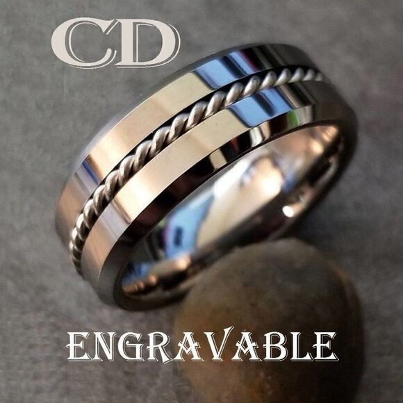 Engraved Men's Real Silver Tungsten Wedding Ring Twisted Wire Cable Inlay - Picture 1 of 7